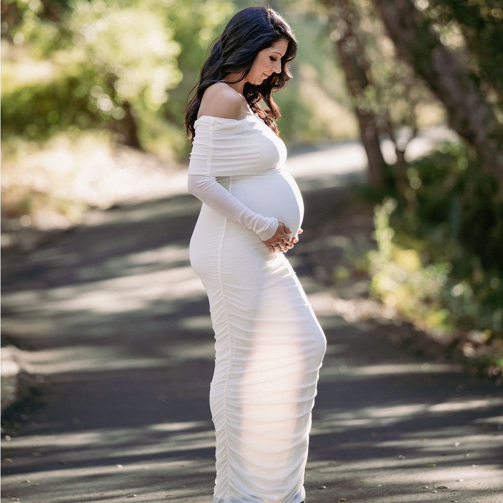 Bumpsuit Off-Shoulder Long Sleeve Maternity Dress in Ivory